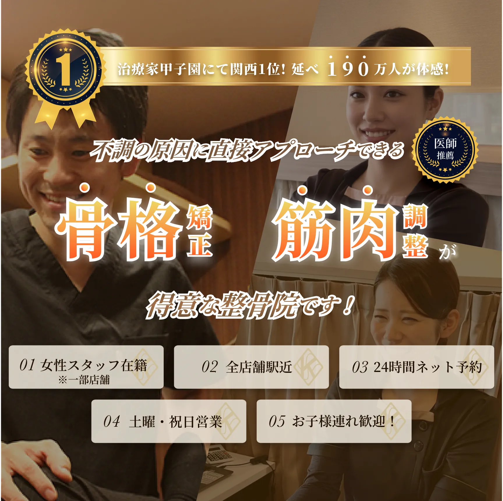 治療家甲子園にて関西1位!延べ190万人が体感!不調の原因に直接アプローチできる骨格矯正筋肉調整が得意な整骨院です! 1.女性スタッフ在籍※一部店舗 2.全店舗駅近 3.24時間ネット予約 4.土曜・祝日営業 5.お子様連れ歓迎!